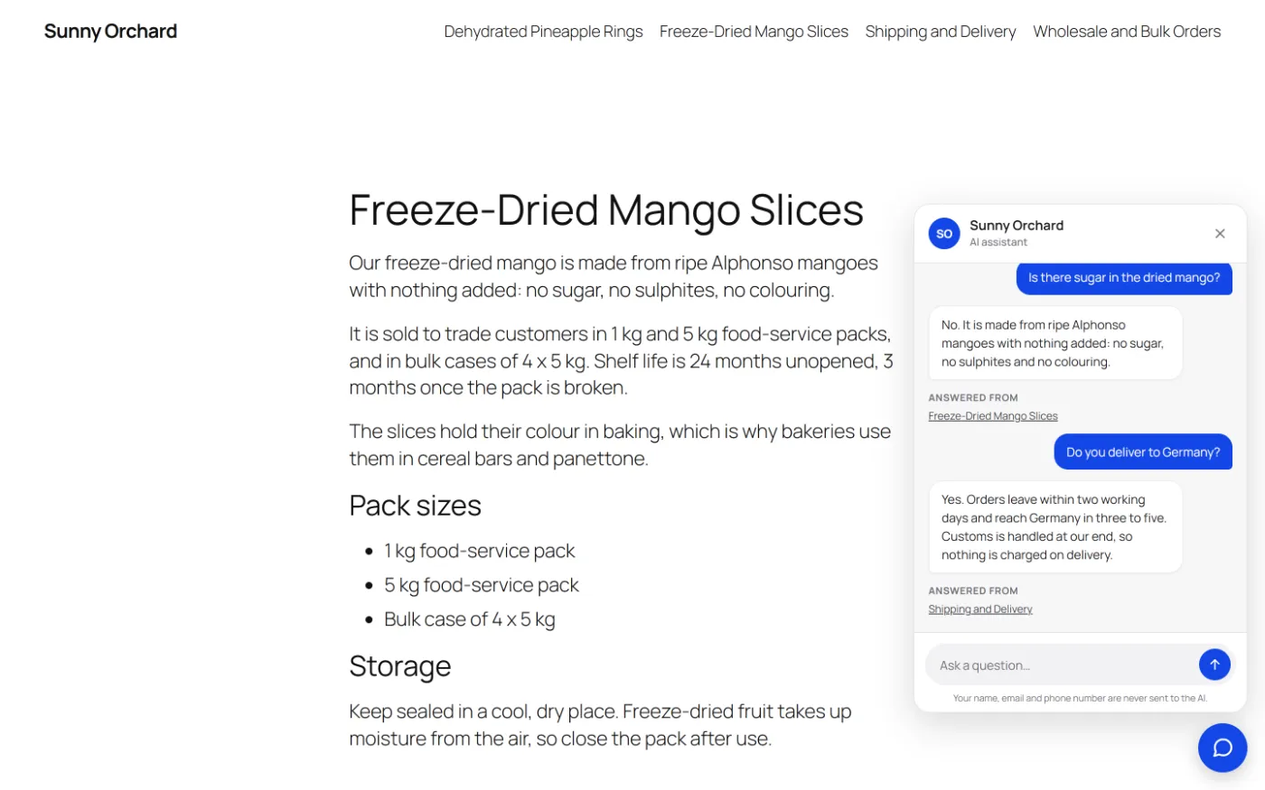 On a Sunny Orchard product page, the chat answers "Is there sugar in the dried mango?" and "Do you deliver to Germany?", each with the page the answer came from