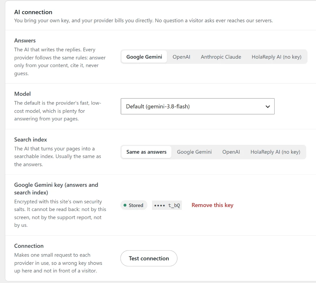 Settings, AI connection: Google Gemini, OpenAI, Anthropic Claude or HolaReply AI with no key; a stored key shows only its last characters