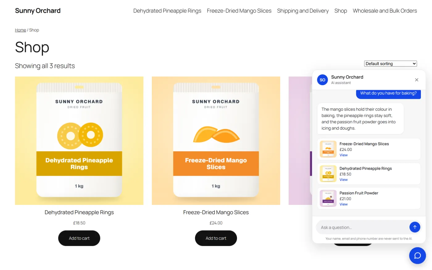 The Sunny Orchard shop with the chat answering "What do you have for baking?" with three product cards